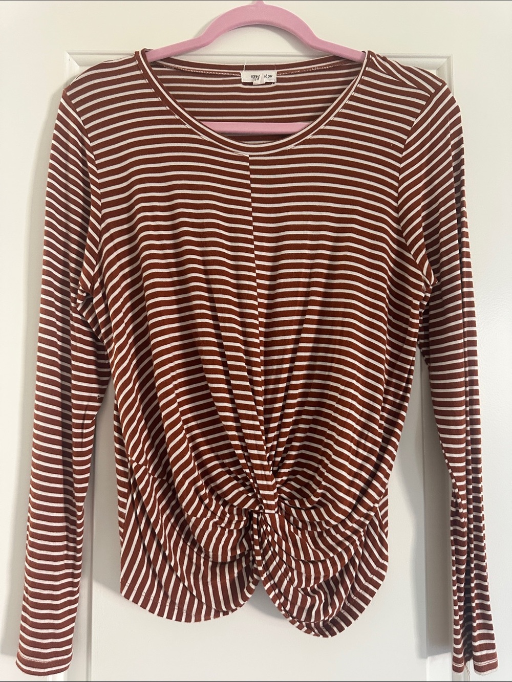 Brown and White Striped Twist-Front Long Sleeve Top